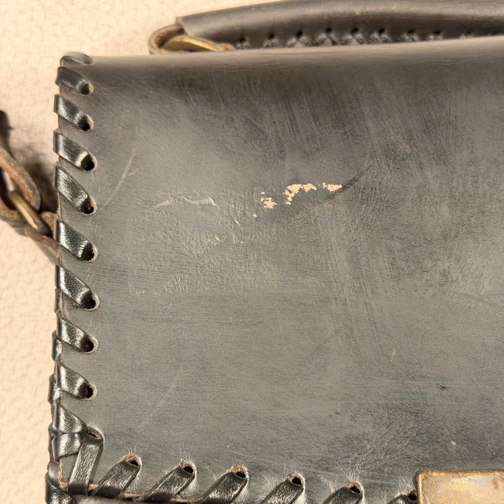 Unbranded Hand-Stitched Leather Crossbody Bag Small Women Black Whipstitch